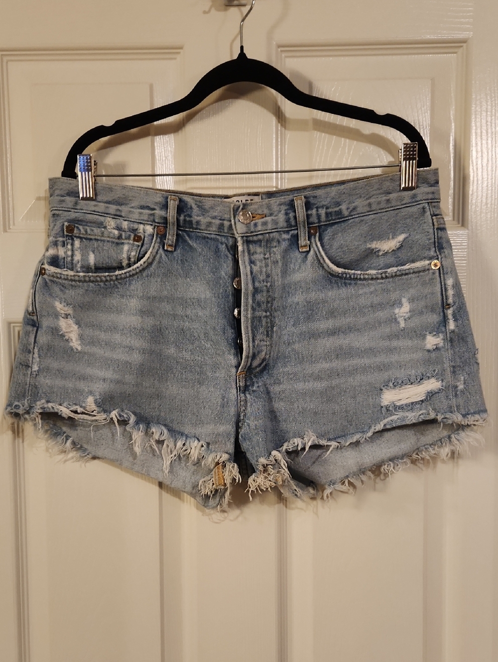 Agolde Light Blue Distressed Denim Cutoff Shorts